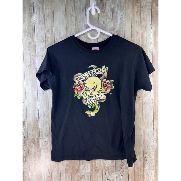 Vintage Looney Tunes Juniors Shirt XL 15-17 Black Tweety Bird ED Hardy Style - Picture 1 of 7